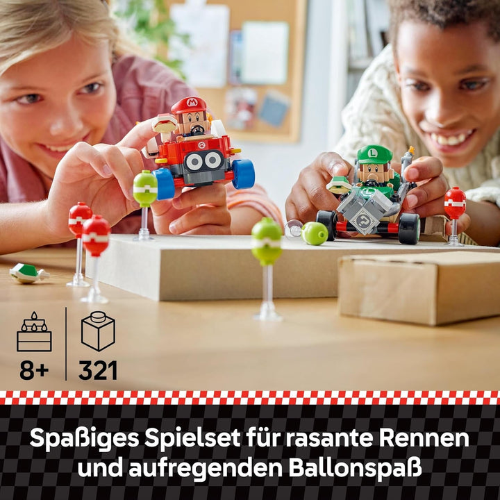 LEGO Mario Kart - Baby Mario Vs. Baby Luigi, figuri Nintendo de colecționat, 2 vitezomani de jucărie construibile, cadou pentru băieți, fete și gameri cu vârsta peste 8 ani, jucărie de aventură 72034