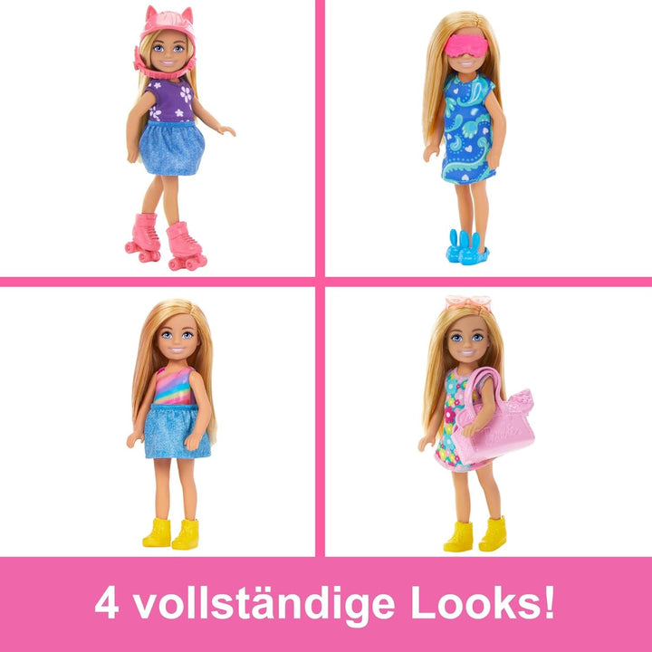Barbie Chelsea păpușă și dulap Playset cu haine și accesorii, set de 17 piese, pliabil pentru a juca pe drum și depozitare, HXN03