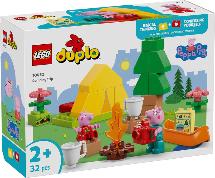 LEGO DUPLO Peppa Wutz Camping Trip - jucărie educativă pentru băieți și fete de la 2 ani - include cort, canoe, foc de tabără și 2 minifigurine - jucărie pentru activități motorii, sortare după culoare 10452