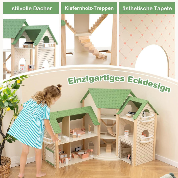 Casă de păpuși din lemn FANTASK, casă de păpuși de 83 cm înălțime cu 36 de piese de mobilier și accesorii, vilă de păpuși cu 6 camere, terasă și garaj, cadou pentru fete de la 3 ani
