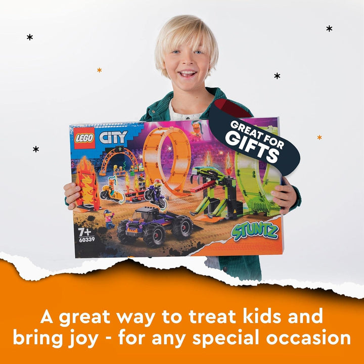 LEGO 60339 City Stuntz Stuntz Show Double Looping Set, Incl. rampă, monster truck, 2X motocicletă și 7 minifigurine, jucărie pentru copii cu vârsta peste 7 ani