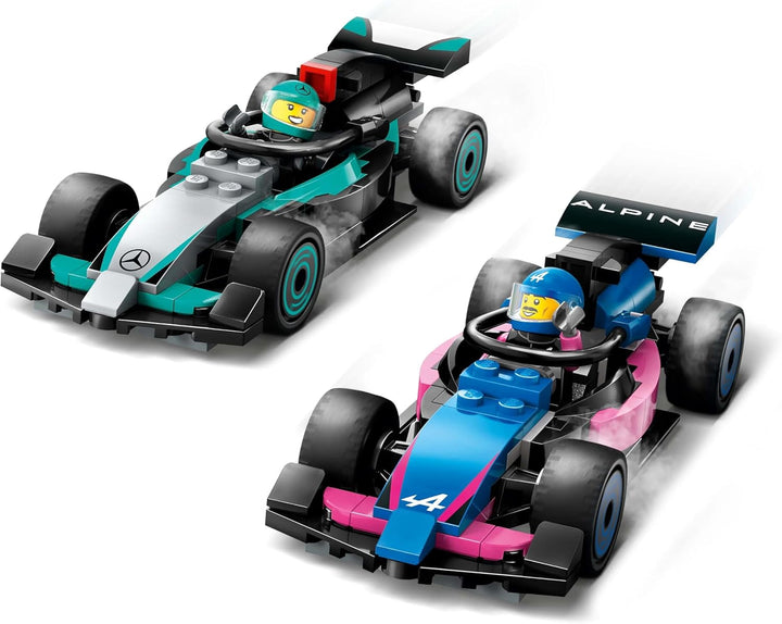 Garaj LEGO City F1 cu mașini de curse Mercedes-Amg și Alpine - Mașină de curse Formula 1 cu 2 piloți și 4 minifigurine mecanice - Cadou pentru băieți și fete 7+ și fani 60444