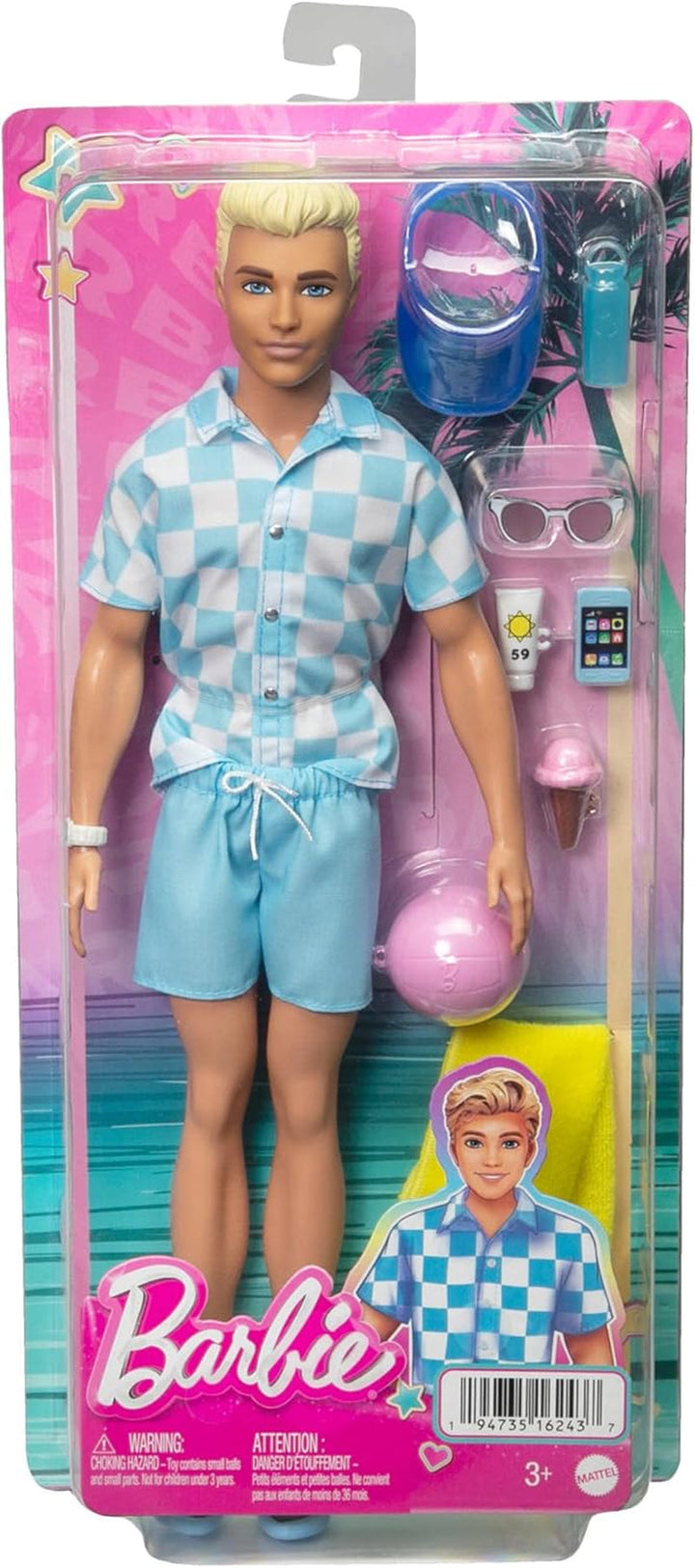 Barbie Ken - păpușă blondă cu cămașă albastră și costum de baie, accesorii de plajă și minge de plajă pentru jocuri creative, pentru copii de la 3 ani, HPL74