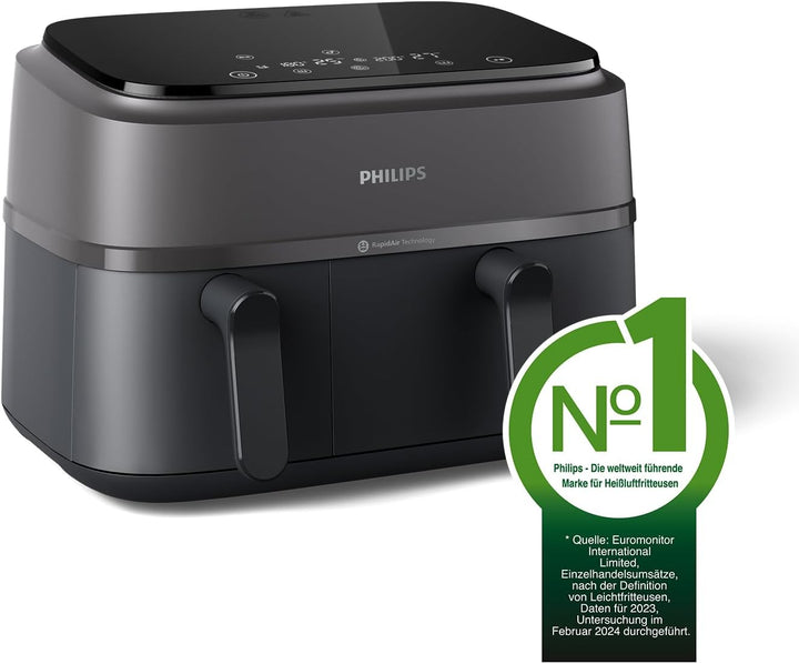 Philips Airfryer Dual Basket 3000 Series, 9L, 2 Körbe, 2 Gerichte Gleichzeitig Fertig, Rapidair plus Heißlufttechnologie, 90% Weniger Fett, Energieeffizient, Homeid Rezepte-App (NA350/00)