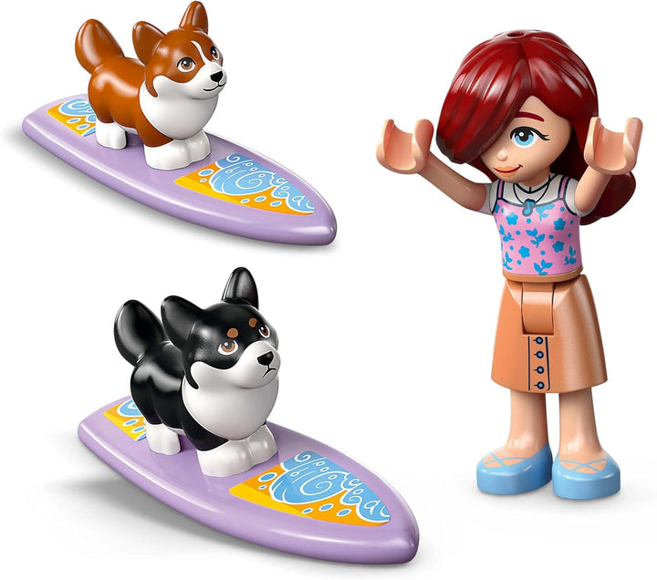 LEGO Friends Beach Adventure cu câini, jucărie de construcție pentru fete de la 6 ani, set de joacă pentru animale cu 2 minifigurine și 2 figuri Corgi, cadou pentru copii creativi, set de construcție de aventură cu placă de surf 42641
