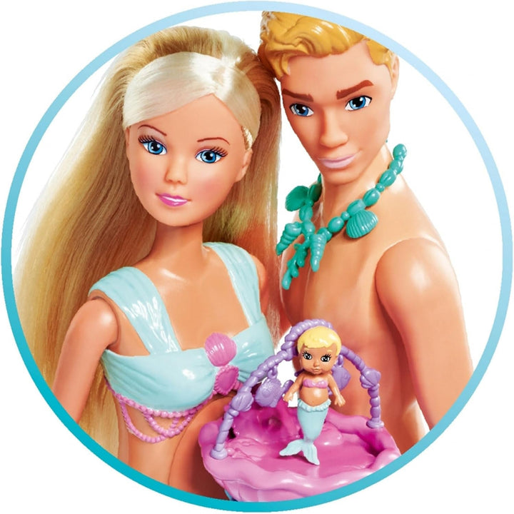 Simba 105733524 - Steffi Love Mermaid Family, păpușă ca sirenă însărcinată cu Kevin ca sirenă, cu pătuț pentru copil, 29cm păpuși dress-up, păpuși de joacă, pentru copii cu vârsta peste 3 ani
