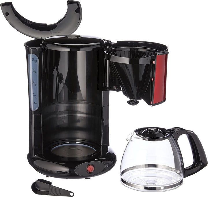 Cafetieră cu filtru Moulinex Subito, ulcior din sticlă, 10-15 cești, capacitate 1,25 litri, funcție de oprire automată, filtru detașabil, indicator nivel apă, oțel inoxidabil, roșu/negru, FG360D