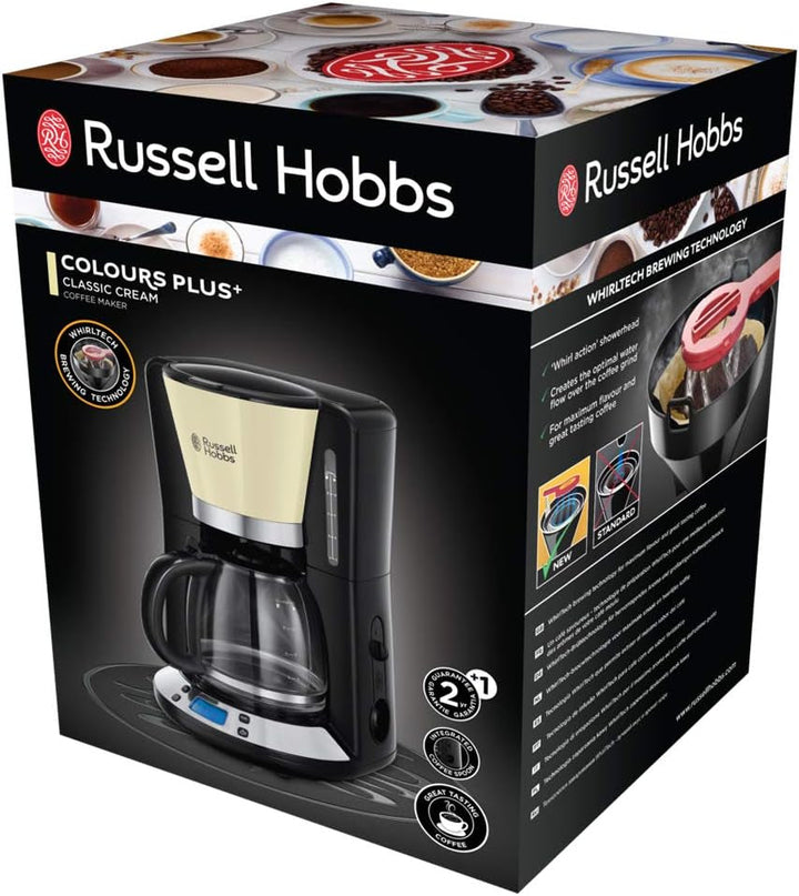 Cafetiera Russell Hobbs [cronometru digital, cap efervescent pentru extracție și aromă optime] Colours+ Cream (Max 10 cești, ulcior de sticlă de 1,25L, plită, 1100W) Filtru de cafea 24033-56
