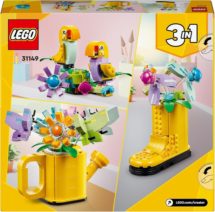 LEGO Creator 3In1 Set de stropitoare cu flori, decorare cameră copii, construiește o stropitoare cu buchet de flori, cizme de cauciuc sau 2 păsări de jucărie, cadou creativ pentru fete și băieți de la 8 ani 31149