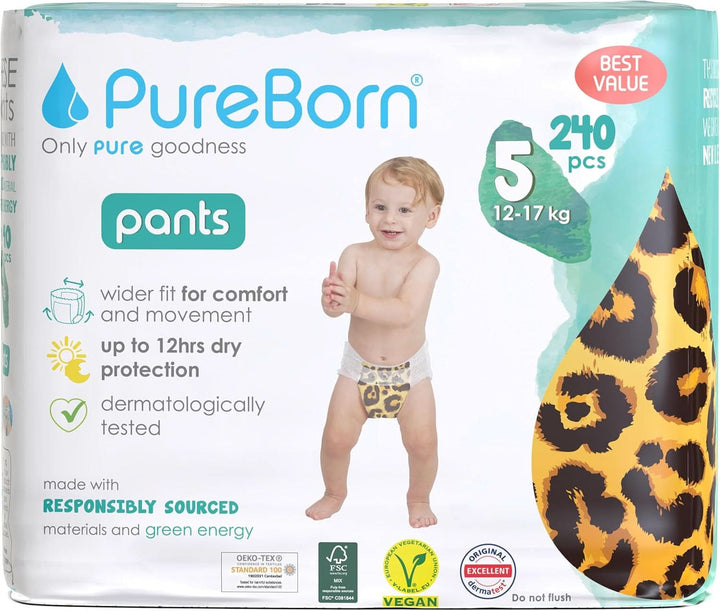 Pureborn Baby Premium Windeln Pants, Höschenwindeln, Größe 7 (17+ Kg), 16 Stück, Optimaler Schutz Für Tag Und Nacht, Dermatologisch Getestet, Ultraweich, Hautfreundlich