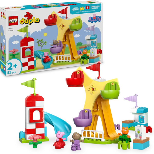 LEGO DUPLO Peppa Wutz Fairground - Jucării pentru copii și jucării pentru abilități motorii pentru vârsta de 2+ - Jocuri preșcolare cu roată mare, tobogan și 3 figuri, inclusiv Mollie Kitty și Klausi Kläff - Cadou pentru copii 10453