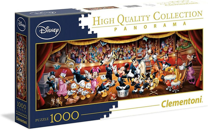 Clementoni 39445 Panorama Disney Orchestra - Puzzle 1000 piese de la 9 ani, puzzle pentru adulți cu imagine panoramică, joc de îndemânare pentru întreaga familie, ideal ca perete mural
