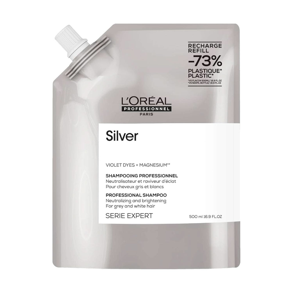 L'Oréal Professionnel Anti-Gelbstich Haarshampoo Für Weißes, Graues & Blondiertes Haar, Violett-Pigmente, Serie Expert, Silver Shampoo Zum Nachfüllen,Refill, 500 Ml