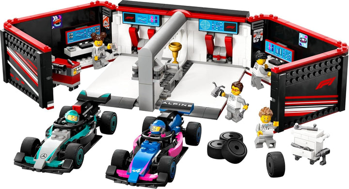 Garaj LEGO City F1 cu mașini de curse Mercedes-Amg și Alpine - Mașină de curse Formula 1 cu 2 piloți și 4 minifigurine mecanice - Cadou pentru băieți și fete 7+ și fani 60444
