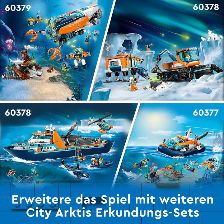 LEGO City Arctic Research Ship, barcă mare de jucărie plutitoare cu elicopter, barcă pneumatică, submarin Rov, epavă vikingă, 7 minifigurine și figură Orca, cadou pentru copii cu vârsta de 7+ 60368