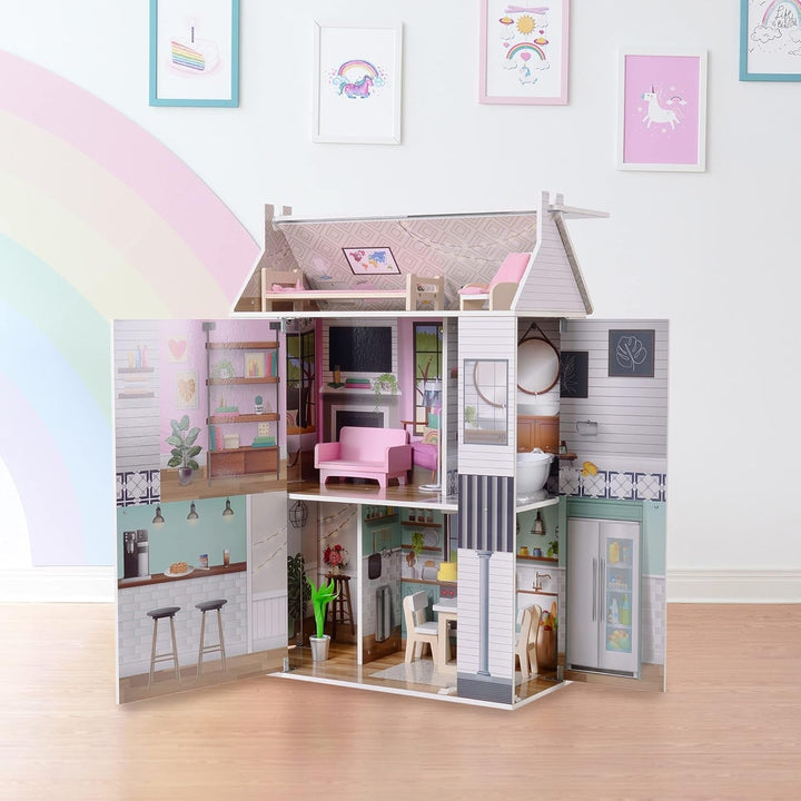 Olivia'S Little World Dreamland Farmhouse Kids Interactive Wooden Dollhouse 3 etaje cu 13 accesorii de mobilier pentru păpuși alb TD-13632A