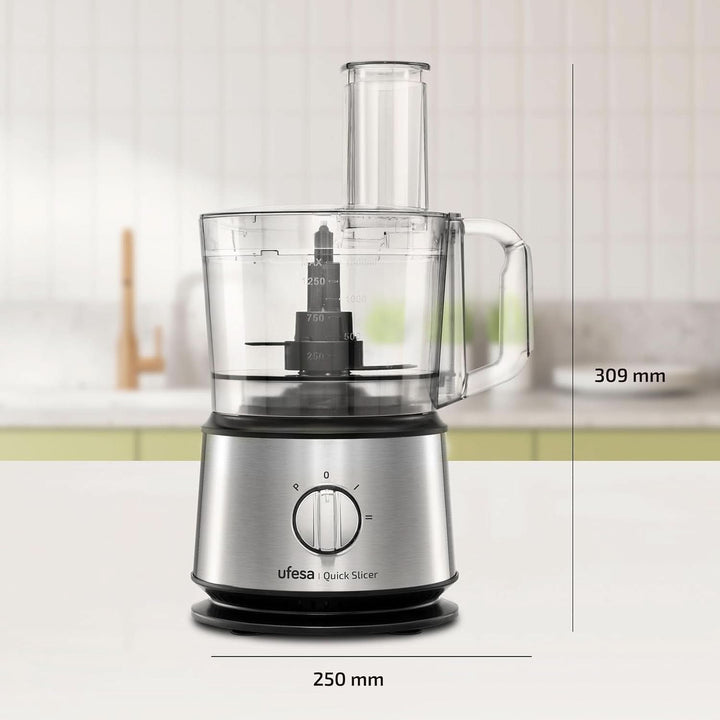 Ufesa Quick Slicer Processor Multifunktions-Foodprozessor 10-In-1, 1200W, 1,5L Fassungsvermögen, Edelstahlgehäuse, X3 Doppelseitige Scheiben, X1 Schneidemesser, X1 Rührlöffel