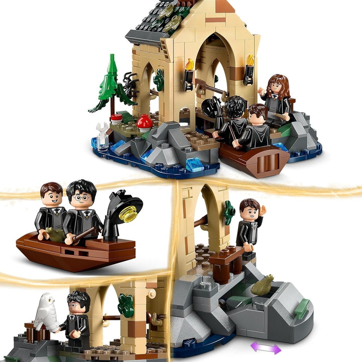 LEGO Harry Potter Hogwarts Castle Boathouse Model de jucărie pentru copii, include 2 bărci construibile și 5 mini figurine, cadou pentru fete, băieți și toți fanii de la 8 ani 76426