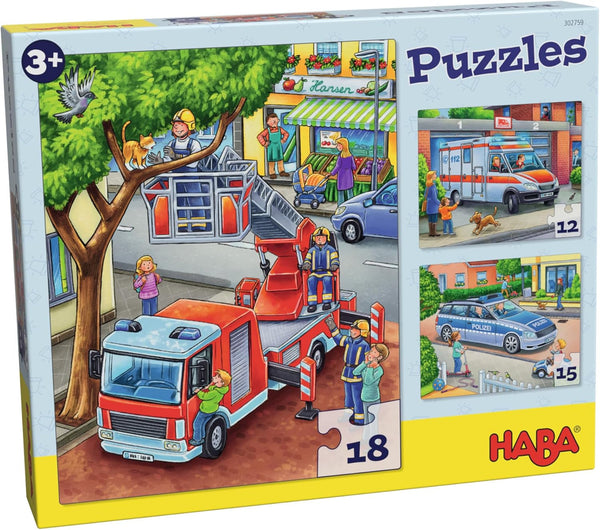 HABA Fire Brigade Puzzle - Set de 3 piese pentru copii cu vârsta de 3 ani și peste, puzzle din carton cu motive de poliție și ambulanță - Promovează abilitățile motorii fine și concentrarea - 1302759001