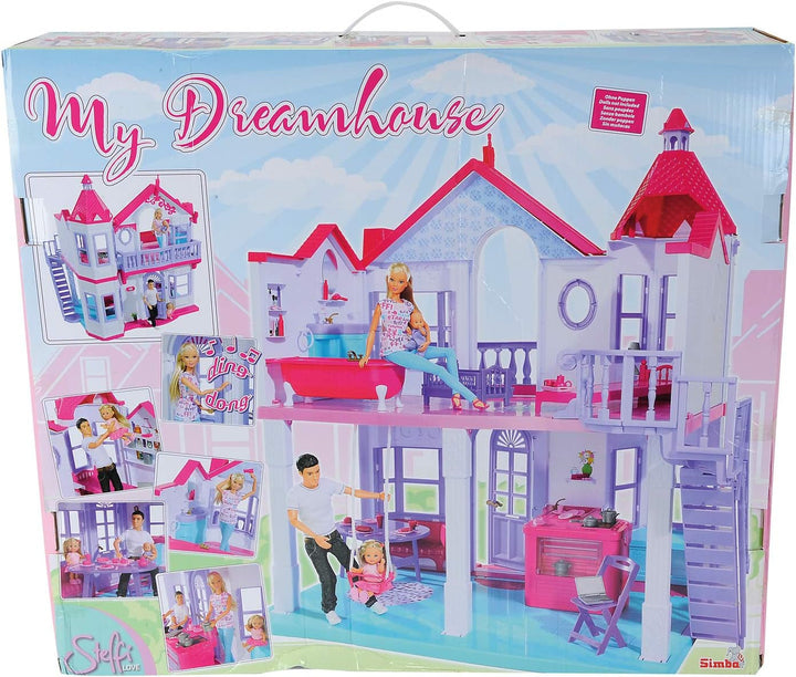 Simba 104661996 - Steffi Love Dreamhouse, Casă de joacă mare, 4 camere, FĂRĂ PUPPETS, 84cm înălțime, Două etaje, Clopoțel funcțional, Pliabil
