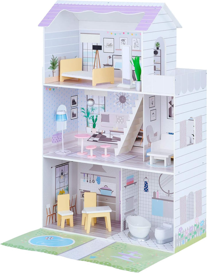 Teamson Kids Olivias Little World Giant Doll House cu 16 accesorii pentru păpuși, casă de păpuși din lemn cu mobilier, cu 3 etaje, casă de păpuși pentru copii pentru păpuși de 12 inci/30 cm, vârsta 3 ani+