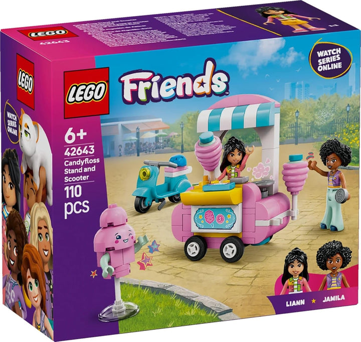 Suport pentru vată de zahăr LEGO Friends, set de joacă pentru jocuri de rol creative cu 2 minifigurine, suport mobil și accesorii, cadou pentru fete de la 6 ani, set de construcție cu mini păpuși 42643