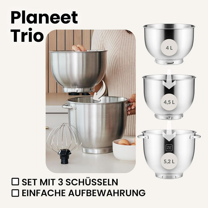 ZEEGMA PLANEET TRIO Planetenroboter, 1500 W, Multifunktionale Küchenmaschine Mit 3 Schüsseln 4 L, 4,5 L Und 5,2 L, 10 Betriebsgeschwindigkeiten, Mixer Mit Haken, Schneebesen (Schwarz)