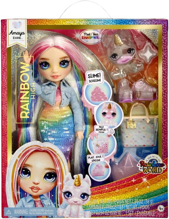 Păpușă Rainbow High Fashion cu slime și animal de companie - Amaya (Culori curcubeu) - păpușă strălucitoare de 28 cm cu slime sclipitor, animal magic și accesorii de modă - jucărie pentru copii - 4-12 ani