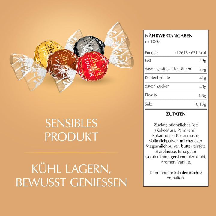 Lindt Schokolade LINDOR Kugeln Mischung | 2 Kg Beutel | Ca. 160 LINDOR Kugeln in Den Sorten Vollmilch, Weiß, Dark 60%, Haselnuss | Pralinengeschenk | Großpackung | Schokoladengeschenk