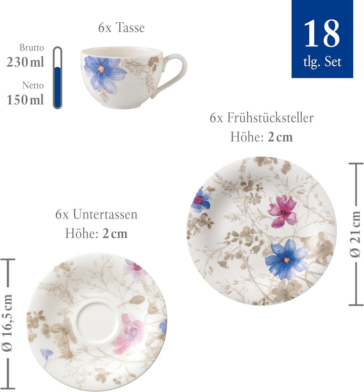 Villeroy & Boch – Mariefleur Gris Basic Kaffee Set 18 Teilig Für 6 Personen, Kaffeeservice, Tafelservice, Geschirr Set, Geschirrset Blumen, Blümchengeschirr, Schönes Geschirr Blumig, Premium Porzellan