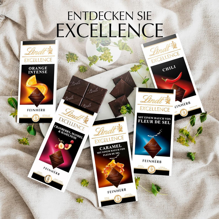 Lindt EXCELLENCE Orange Intense | 100 G Tafel | Zartbitter-Schokolade Mit Orangen- & Mandelstückchen | Intensiver Kakao-Geschmack | Edle Schokoladentafel