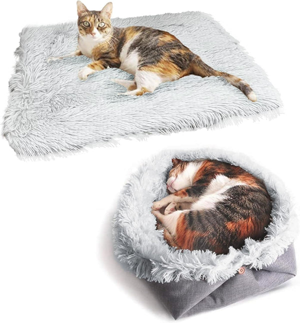 Pat pentru pisici 2 în 1 pernă pufoasă pentru pisici, pernă moale de pluș pentru pisici, loc de dormit lavabil, canapea pentru pisici, pat pentru animale de companie, pat pentru câini, pătură pentru pisici și câini mici (gri)