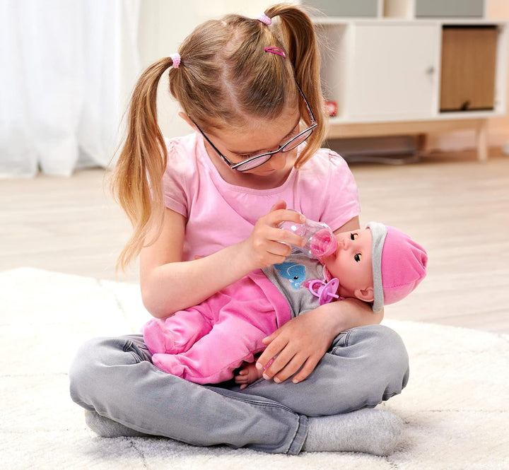 Simba 105140066 - Laura Interactiv, păpușă cu corp moale cu ochi adormiți, bolborosește când se mișcă, bea din biberon și doarme, 40cm, păpușă de la 2 ani