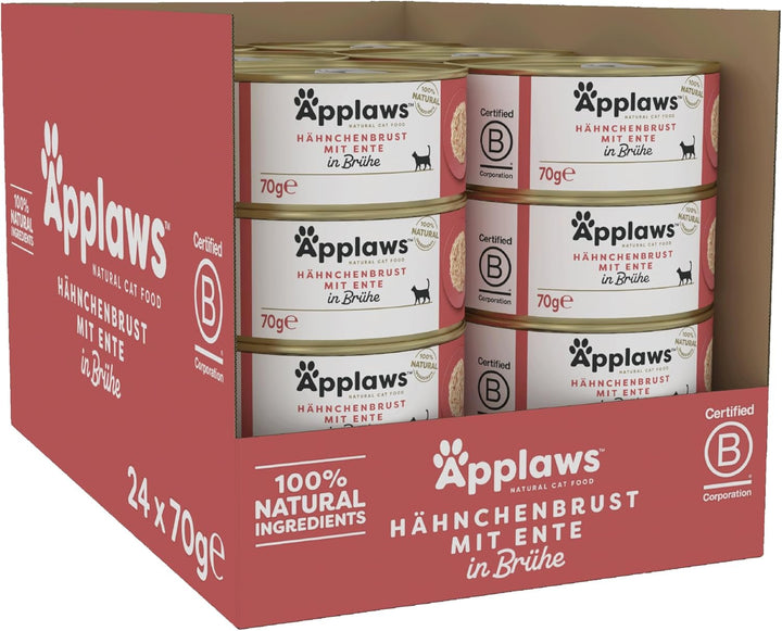 Applaws Premium Natural Cat Food Wet, pui cu rață în bulion, cutie 70G (24X70G)