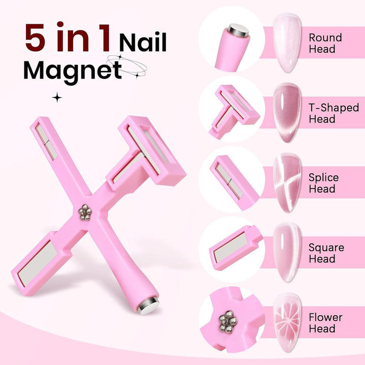 SUPWEE 5 in 1 Nail Magnet Tool, Rosa Cat Eye Magnet Für Nägel Multifunktions Magnetstift DIY Magic 3D Magnet Stick Pen Set Nail Art Magnet Stick Für Nail Art Diy-Zubehör