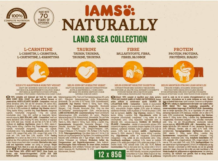 IAMS Naturally Senior Cat Food Wet in Sauce - Hrană umedă de înaltă calitate cu carne și pește pentru pisici în vârstă, Land & Sea Collection, 12 X 85 G