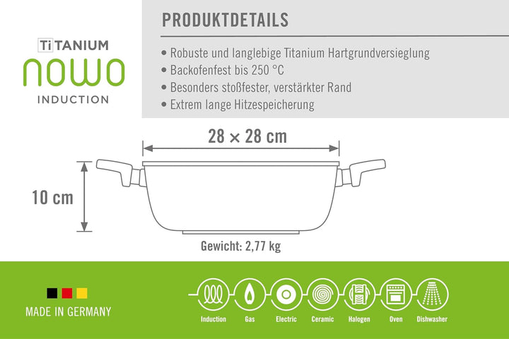 Woll Nowo Titanium Guss-Kasserolle Viereckig - Induktiv -, 28 X 28 Cm, 10 Cm Hoch, 6.0 Liter, Mit 2 Seitengriffen - Geeignet Für Alle Herdarten, Aluminium, Backofenfest, Schwarz