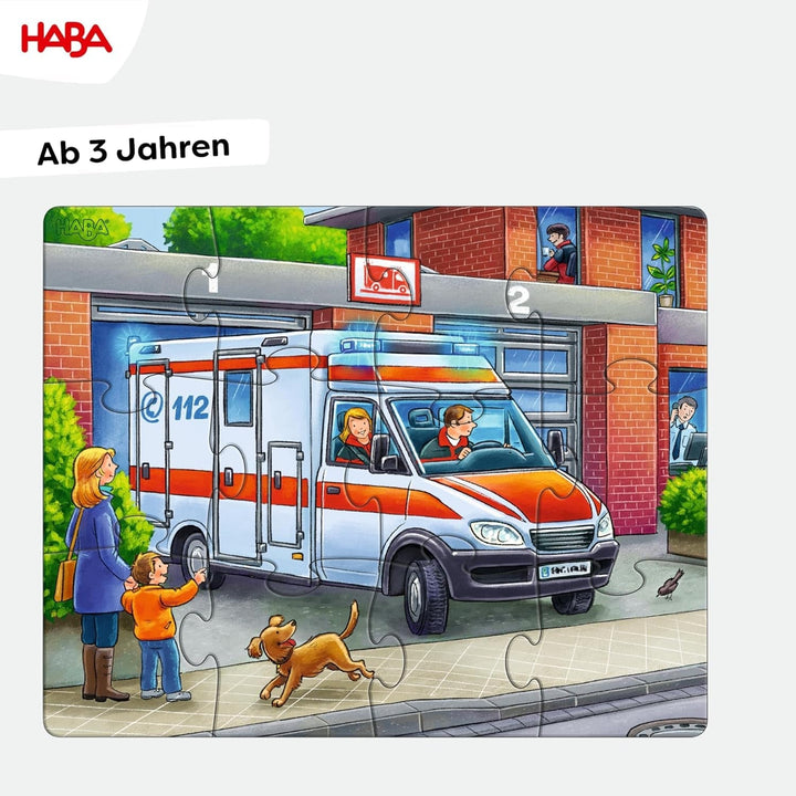 HABA Fire Brigade Puzzle - Set de 3 piese pentru copii cu vârsta de 3 ani și peste, puzzle din carton cu motive de poliție și ambulanță - Promovează abilitățile motorii fine și concentrarea - 1302759001
