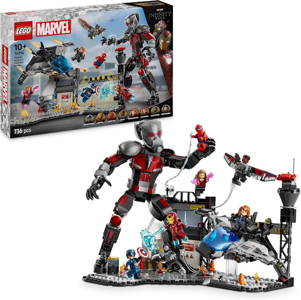 LEGO Marvel Captain America: Civil War Action Duel - Set de joacă pentru supereroi cu 8 minifigurine - Set de construcție și joacă cu avion de jucărie - Cadou pentru băieți și fete 76314
