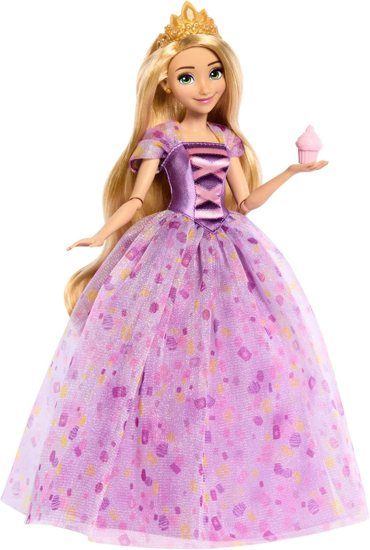 Mattel Disney Princess Rapunzel doll, Păr lung de coafat, Mobil, Pantofi și diademă detașabile, Cadouri Disney, Jucării de la 3 ani, HLW03