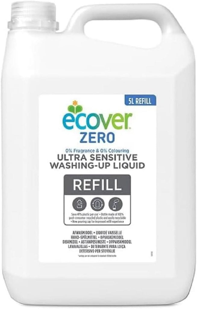 Ecover Zero Hand Dishwashing Liquid (5 L), Lichid de spălat vase sustenabil cu agenți tensioactivi din zahăr fără parfumuri, puternic degresant