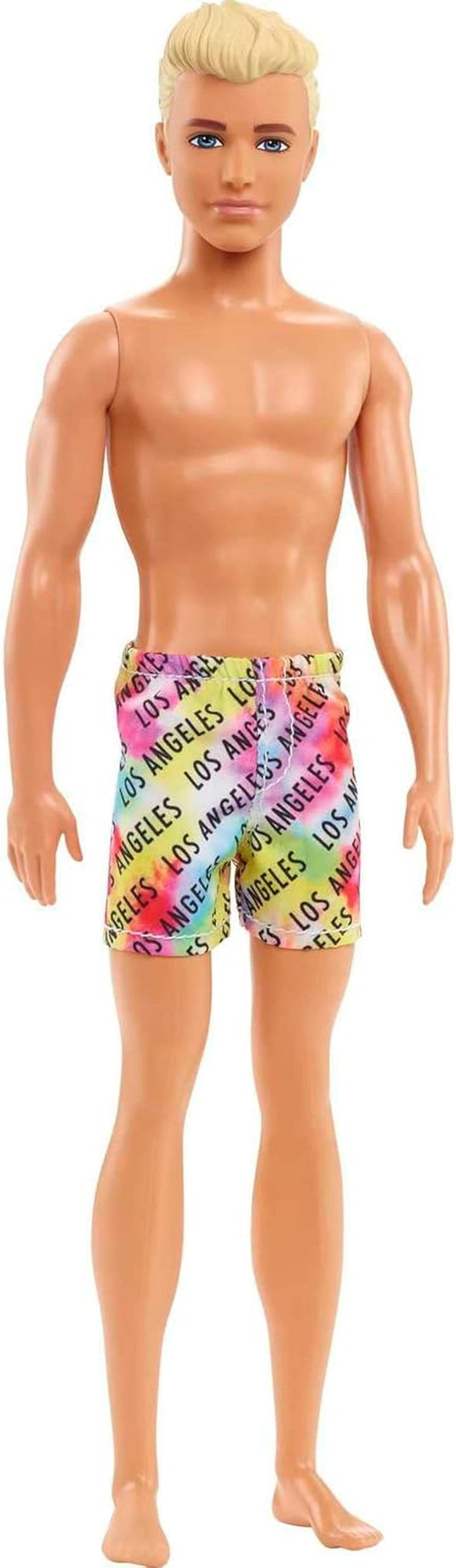 Barbie Ken - păpușă blondă cu cămașă albastră și costum de baie, accesorii de plajă și minge de plajă pentru jocuri creative, pentru copii de la 3 ani, HPL74