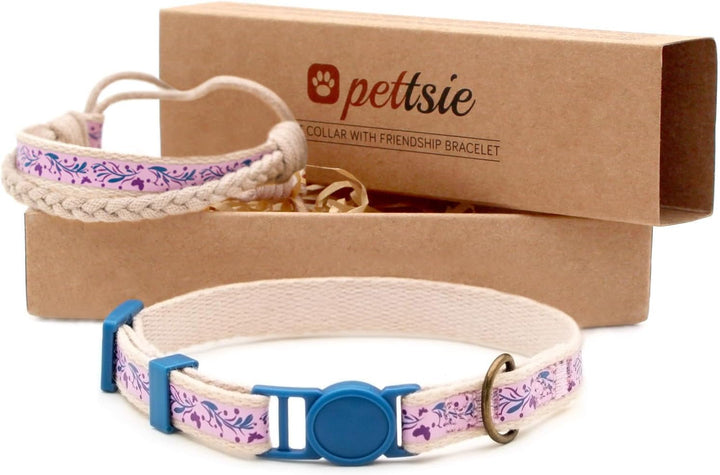 Set zgardă și brățară a prieteniei pentru pisici Pettsie, design sigur cu bumbac moale, inel D pentru accesorii, dimensiune ușor reglabilă 19-29 cm, verde