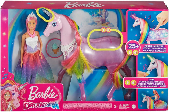 Barbie Dreamtopia Magical Magic Light Unicorn, cu 25+ lumini și sunet, incl. păpușă Barbie și unicorn, cadou pentru copii, jucărie de la 3 ani, GWM78