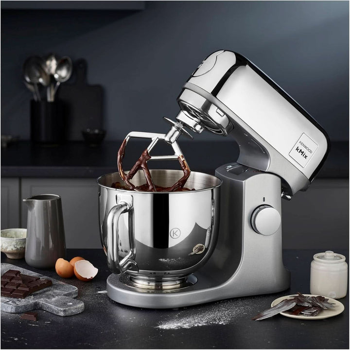 Kenwood Kmix Editions KMX760CH Küchenmaschine, 5 L Edelstahl Schüssel, Safe-Use-Sicherheitssystem, Metallgehäuse, 1000 Watt, Inkl. 3-Teiligem Patisserie-Set Und Spritzschutz, Chrom