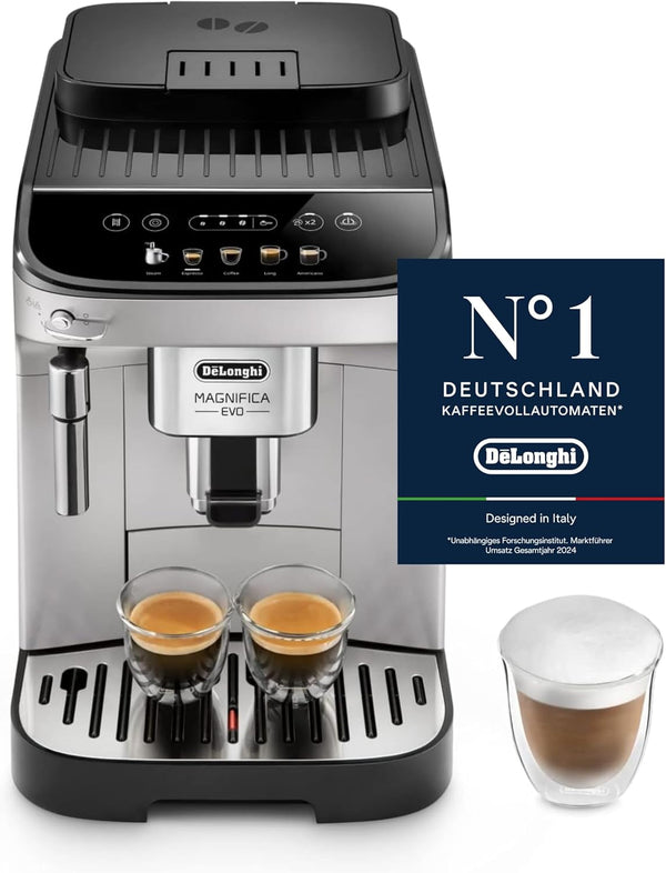 De'Longhi Magnifica Evo ECAM 292.33.SB Aparat de cafea complet automat cu spumă de lapte, 5 butoane de selecție directă pentru espresso, cafea și cafele speciale, panou de control intuitiv, funcție pentru 2 cești, argintiu/negru