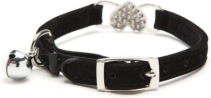 Zgardă reglabilă pentru pisică cu clopoțel și pandantiv în formă de inimă cu pietre de cristal, material moale de catifea, zgardă sigură, 20,3-28 cm