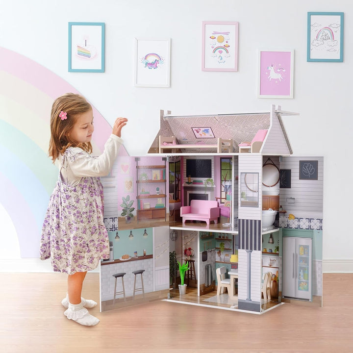 Olivia'S Little World Dreamland Farmhouse Kids Interactive Wooden Dollhouse 3 etaje cu 13 accesorii de mobilier pentru păpuși alb TD-13632A