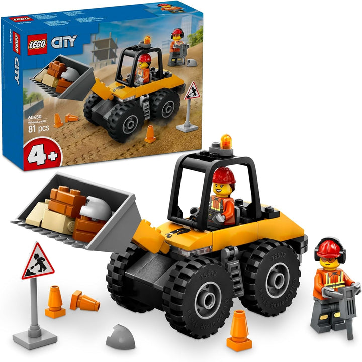 Încărcător cu roți LEGO City - Excavator de jucărie pentru copii mici, fete și băieți de la 4 ani - Set de joacă pentru vehicule - Idei de cadouri Montessori pentru preșcolari - Set cu 2 minifigurine de muncitori în construcții 60450