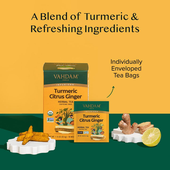 , Organic Turmeric Citrus Ginger Herbal Tea (18 Count) Caffeine Free, Gluten Free | 100% Pure Herbal Blend - Citrusy & Savory | Eco-Friendly Individually Wrapped Tea Bags | Direct from Source Tea USA Naty Shop